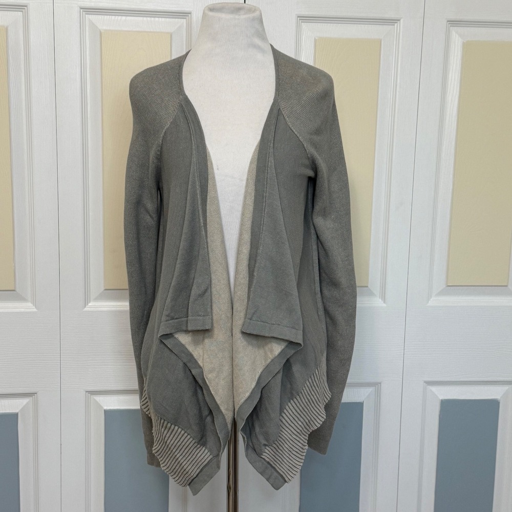 Cabi 5132 Gray Open Front Grey Cardigan Sweater Small S Draped Knit Striped Trim